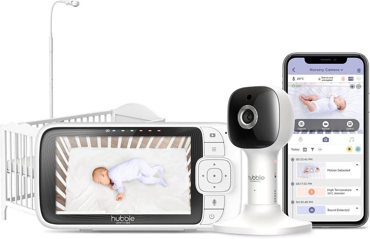 SnelShoppen - Babyfoon met Camera 5 Inch Scherm, Infrarood Nachtzicht, Tweerichtingsoproep, Kamertemperatuursensor, Nachtlampje, Bedhouder voor Kinder
