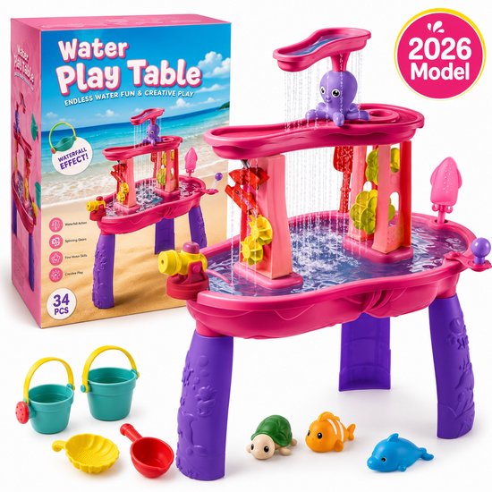 Roze waterspeeltafel met waterval, waterbaan en accessoires, naast de verpakking.