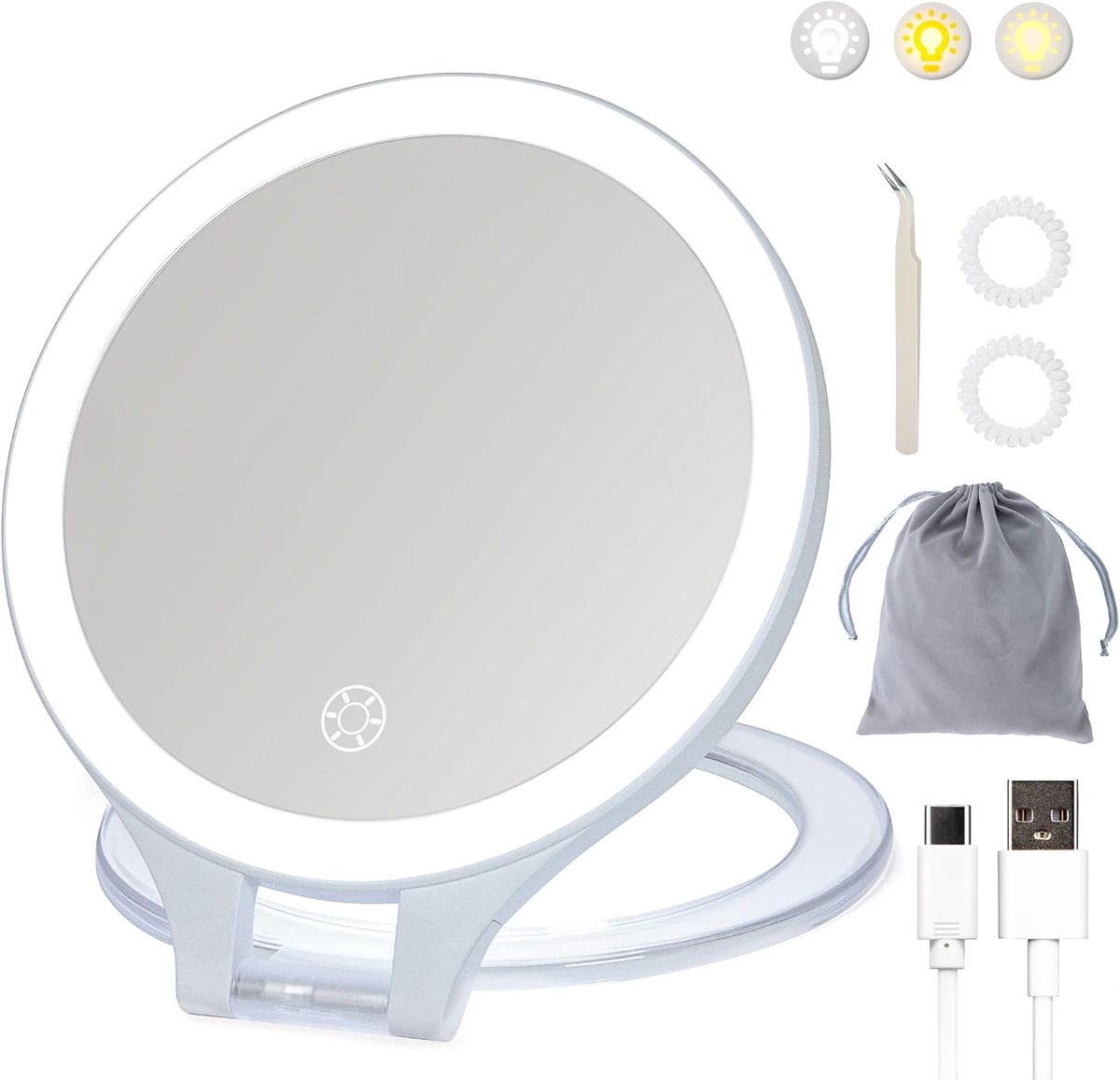 SnelShoppen - Oplaadbare Cosmetische Reisspiegel met Licht, Dubbelzijdig 1X/10X Vergrootspiegel, Draagbare 3-Kleuren Licht, Dimbare Touchscreen, Opvou