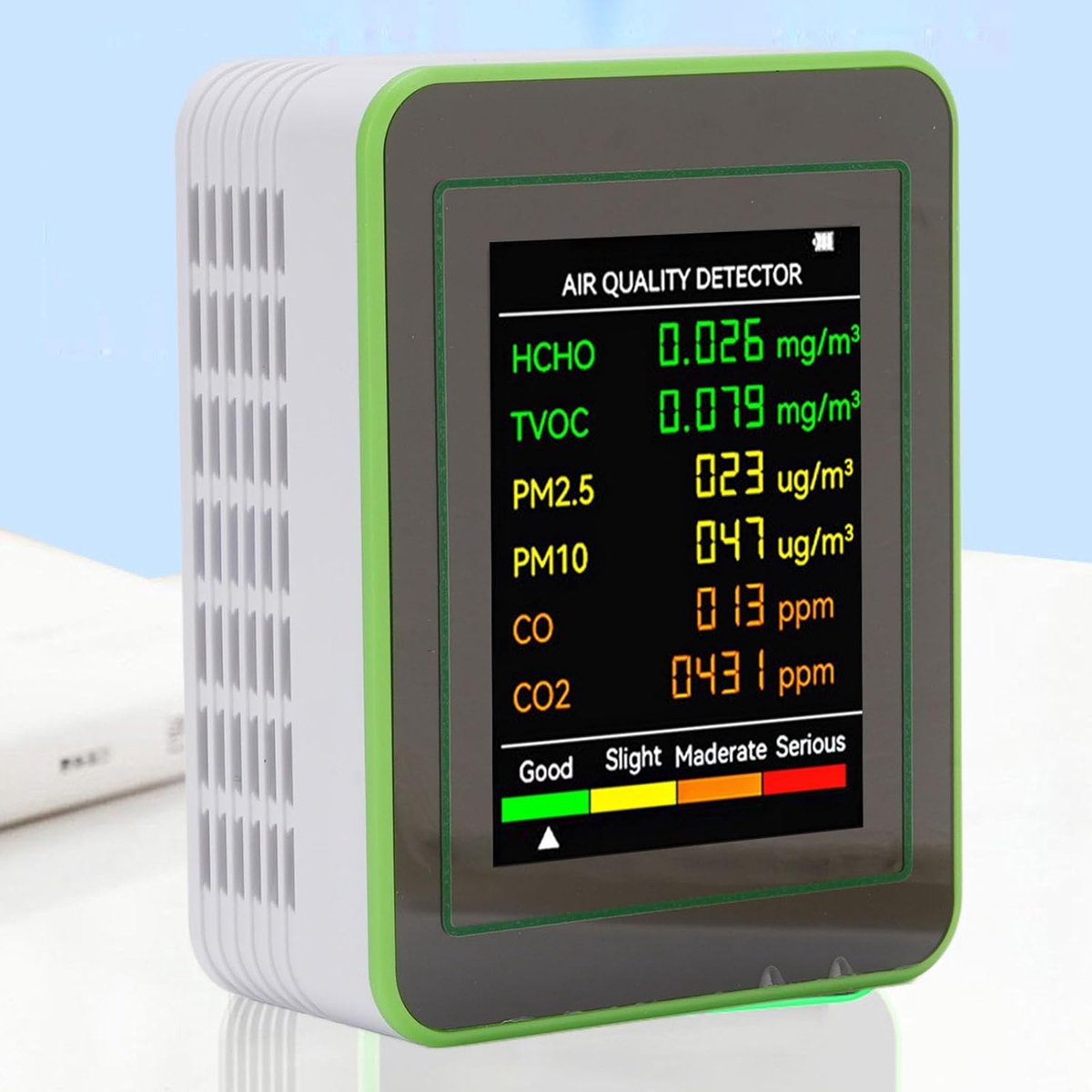 SnelShoppen - 6 In 1 Luchtkwaliteitsmeter Binnen, HD 2,8 Inch Scherm, CO2, TVOC, HCHO, PM2.5 & PM10 Luchtkwaliteits Tester, Oplaadbaar, Wit voor Thuis