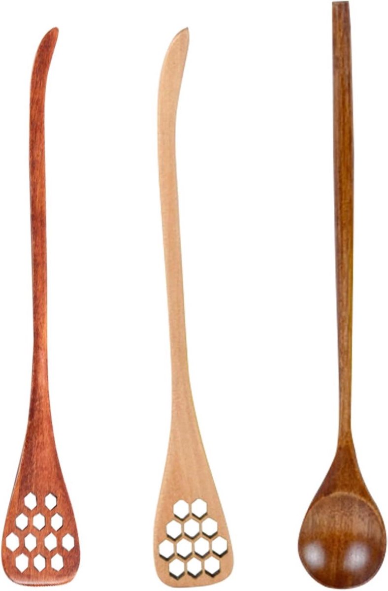 Honinglepels Hout - Roerlepels Theelepels - Honing Doseren - Verlengd Handvat - 3 stuks - Houtkleur
