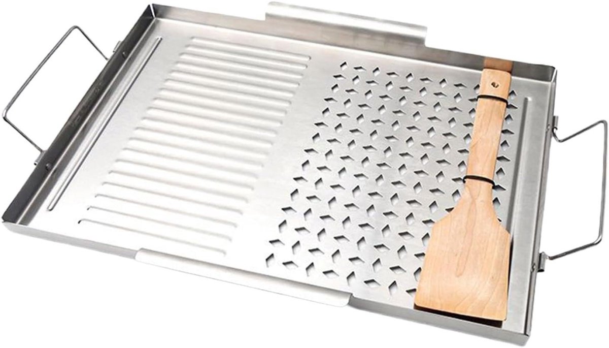 Grillplaat Bakplaat - Platte Bakplaat - Vlees Grillen - Roestvrij Staal - 48x31 cm - Zilver