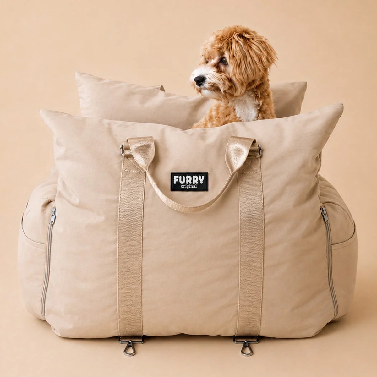 Furry Original® Honden Autostoel - Hondenmand voor in de Auto - Automand Kleine tot Middelgrote Hond - Achterbank Hondenstoel - Memory Foam Hondenbed - Beige