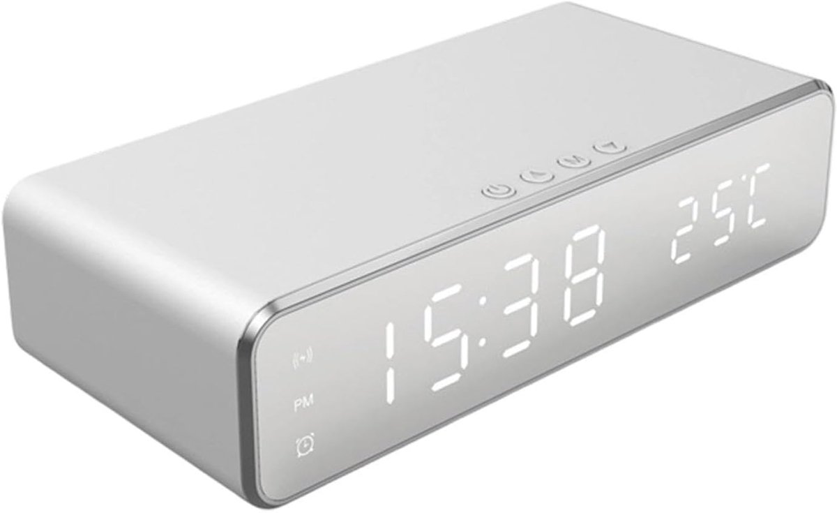 Wekker met oplader - Digitale klok - Opladen en wakker worden - Draadloos opladen - 16 cm breed - Zilver