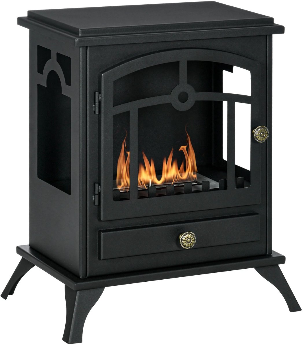 QUESTYR - Bio-Ethanol Haard - 0,9L Tank - Zwart - Vrijstaand - Veiligheids - Vlamdover - 3u Brandtijd - 45×28×54 - RVS