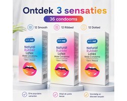 condoom mix pack –36 stuks –condooms met ribbels– condooms noppen – condooms naturel – 3 varianten– condooms met glijmiddel – condooms 52mm – FiTONE
