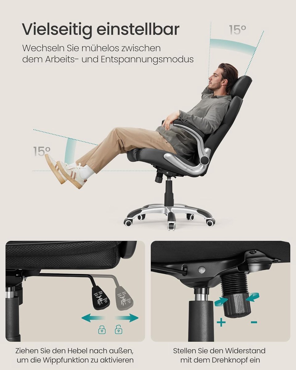 Conway Living® Luxe Ergonomische Bureaustoel - Directeurstoel - Inklapbare Armleuningen - Gaming Stoel - In Hoogte Verstelbare Hoofdsteun - Kunstleer - Zwart – foto 4