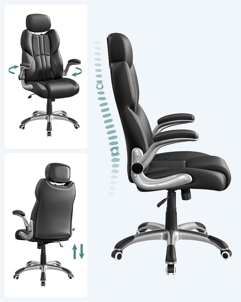 Conway Living® Luxe Ergonomische Bureaustoel - Directeurstoel - Inklapbare Armleuningen - Gaming Stoel - In Hoogte Verstelbare Hoofdsteun - Kunstleer - Zwart – foto 2