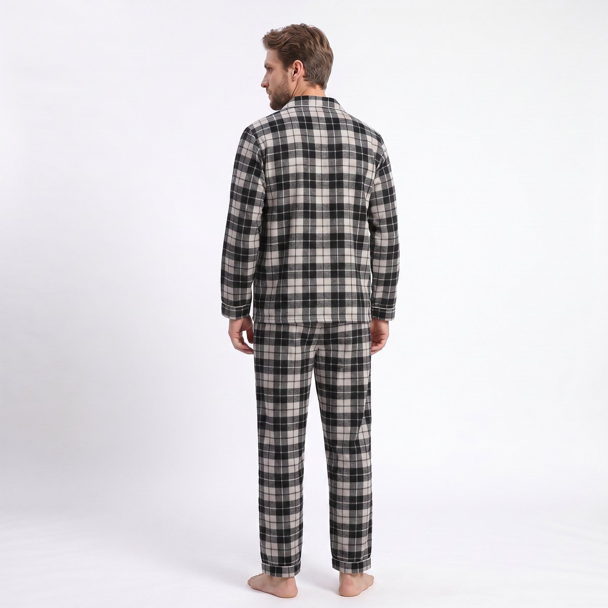 Heren Geruite Doorknoop Pyjama Lange Mouw Lange Broek - Grote Ruitjes - Katoen - Zwart - Maat 3XL - 2503-Black-3XL