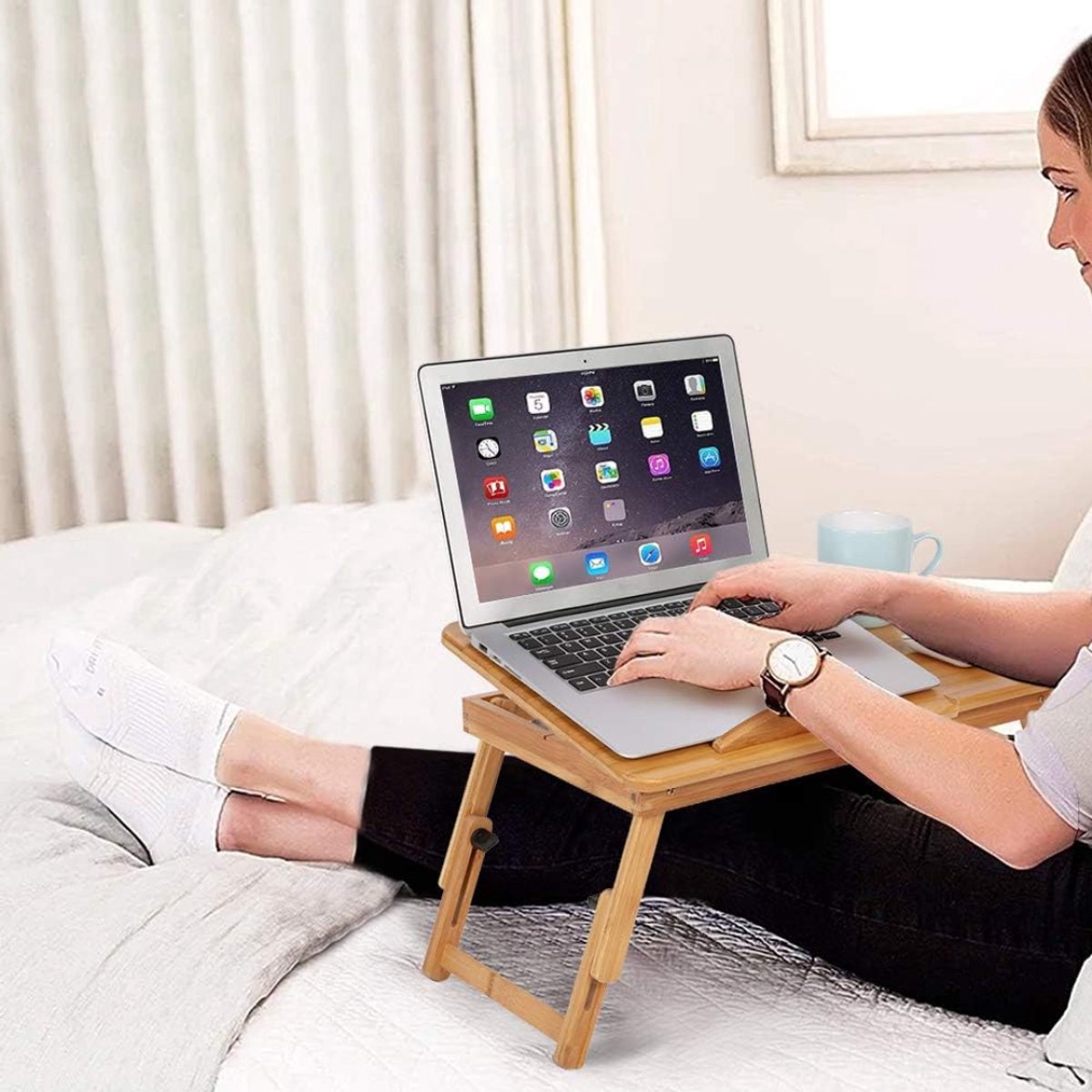 QIN® Bedtafel - Laptoptafel - Bedtafeltje met Wielen - Bedtafeltje voor op Bed - Bruin - 3