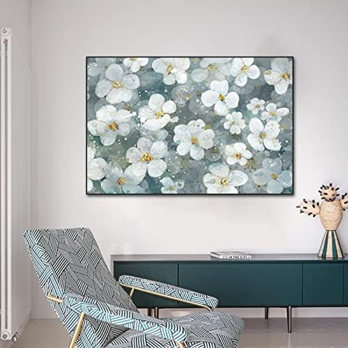 Witte Bloem Schilderij - Canvas Kunst - Woonkamer Decoratie - Niet-giftige Verf - 40x60cm 