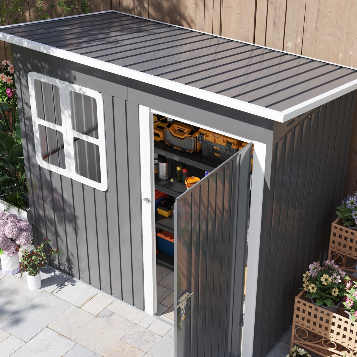 Tuinhuis Metaal, Metalen Schuurtje, Tuinberging Metaal, Gereedschapshok, Outsunny Tuinschuur, 2.55 m², Met Lessenaarsdak, 221 X 133 X 190/173 Cm, Gereedschapsschuur Met Afsluitbare Deur, Raam, Fietsenstalling, Stalen Tuinkast, Donkergrijs