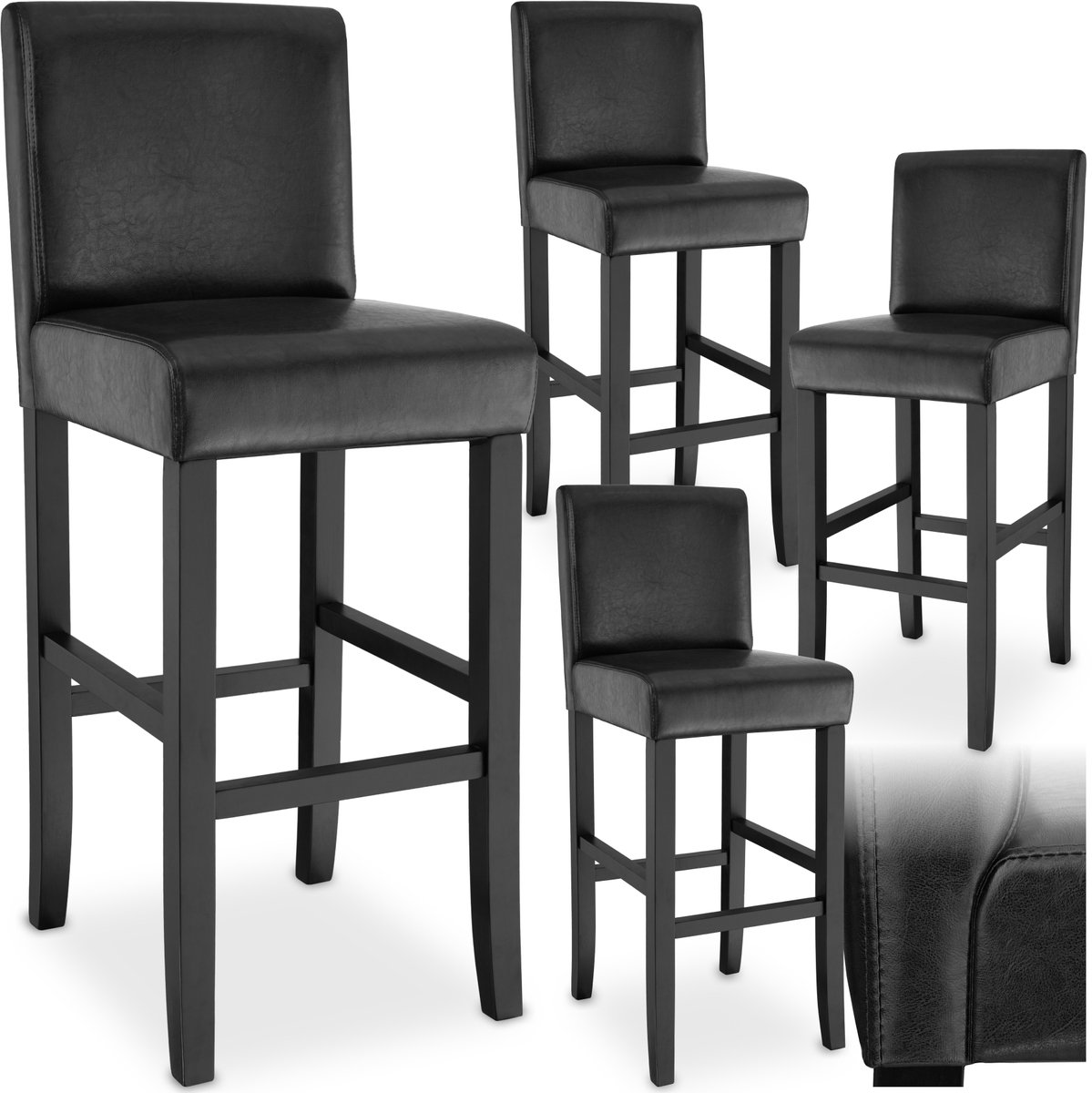 tectake® Set van 4 Barkrukken met Rugleuning - Gestoffeerde Barkruk - Zithoogte 76 cm - Stoelpoten van Massief Hout - Barstoel met Voetsteun - Kruk met Kunstleren Bekleding - Ergonomische Vorm - Barstoelen voor Keuken & Bar - Eetkamerstoelen - Zwart