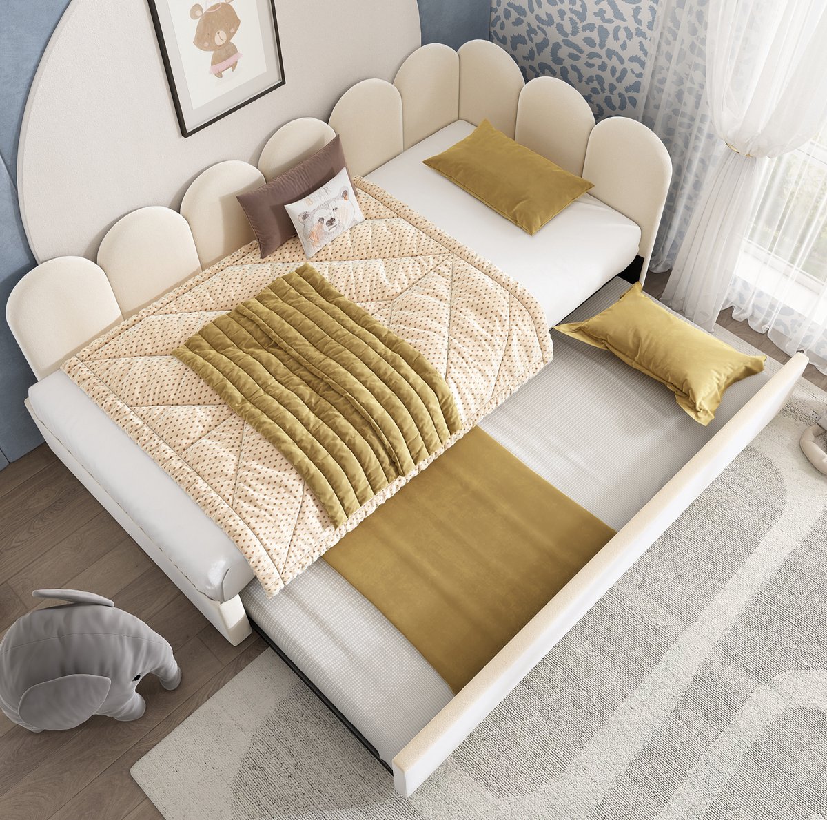 COVREO Daybed met uitschuifbed – 203x97x76 cm – Slaapbank met lattenbodem – Kinderbed voor kleine kamers – Beige - zonder matras