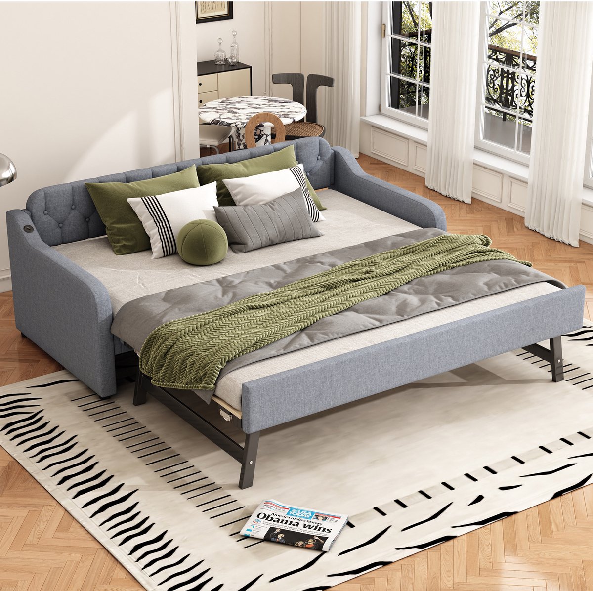 COVREO Bedbank 90x200 cm grijs, rolbed, USB-aansluiting, zonder matras
