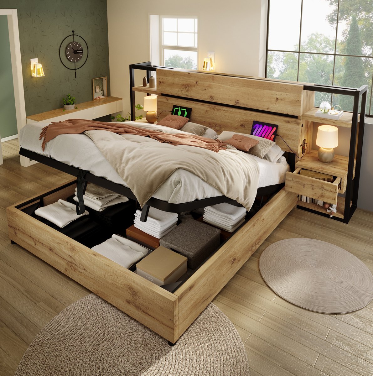 Houten tweepersoonsbed 160×200cm, hydraulisch opbergbed, opberghoofdbord met lades en USB- en Type-C-oplaadpoorten, lattenbodem van hout, eikenkleur (matras niet inbegrepen).