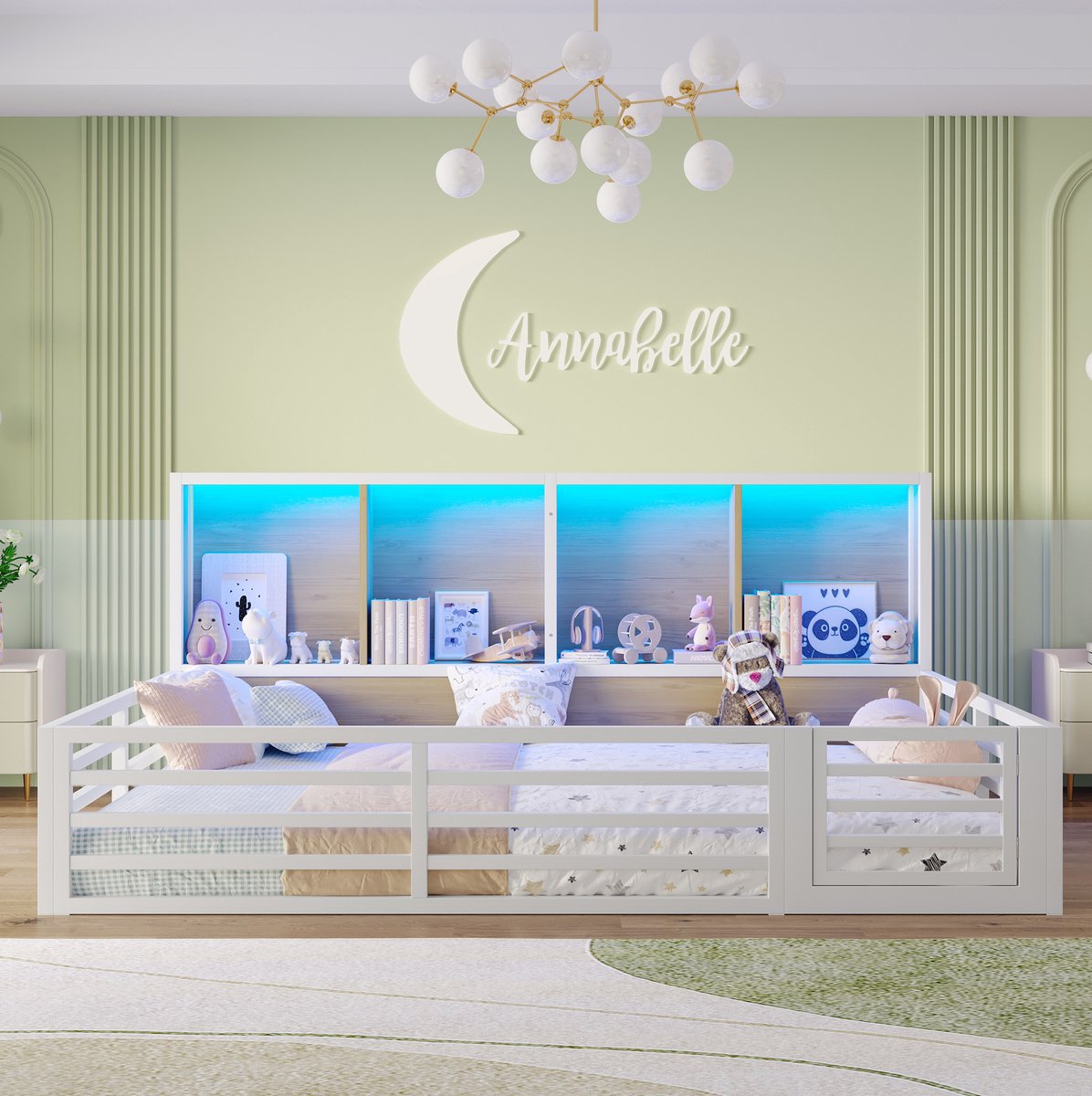 COVREO Platformbed, 140 x 200 cm, slaapbank, platformbed, nachtkastje met opbergvakken, lattenbodem (matras niet inbegrepen), rails, metaal, wit. White