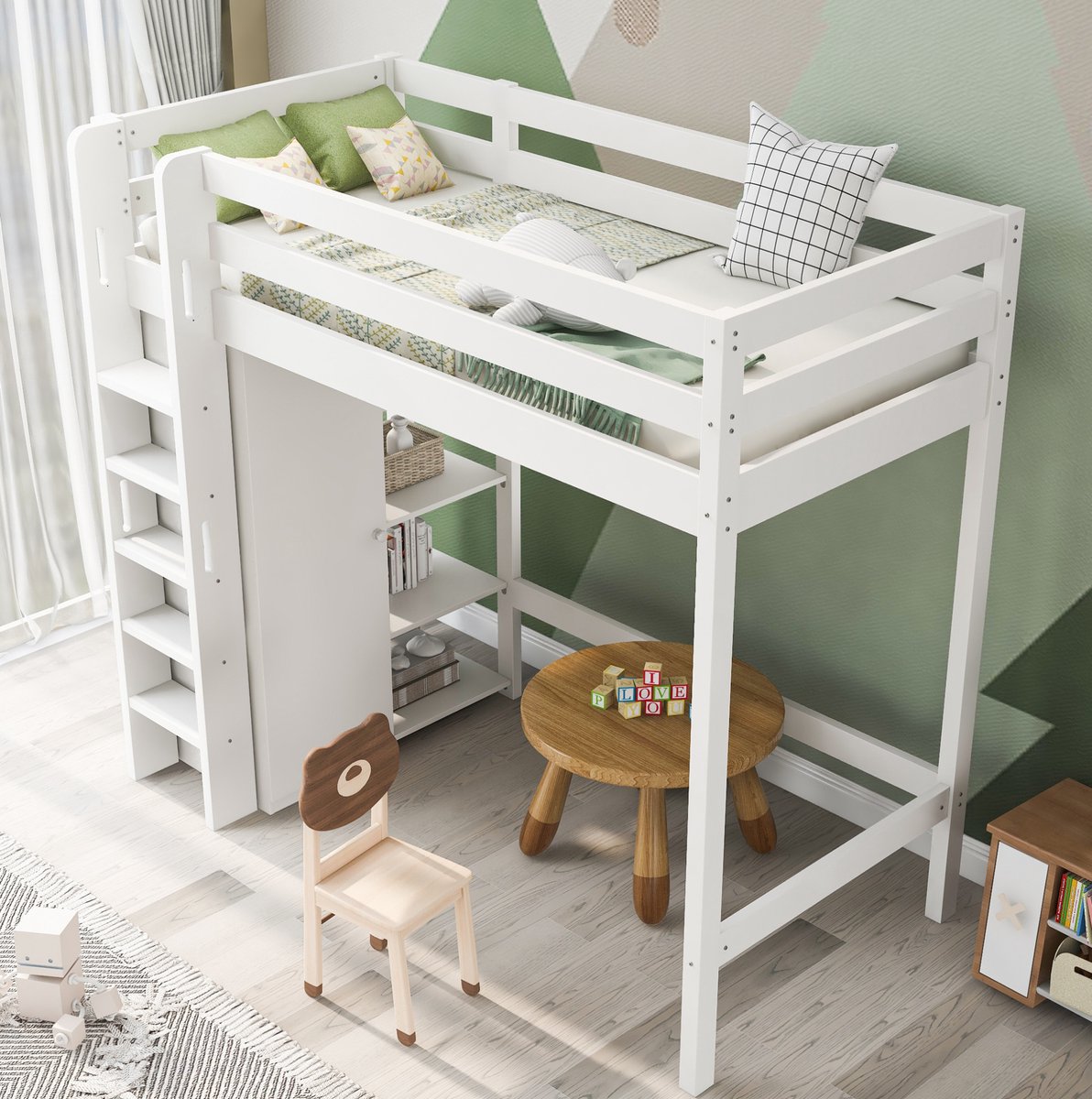 Kinderstapelbed 90x200 cm, eenpersoonsbedframe met kledingkast en 6 planken, wit, hoogwaardige materialen, eenvoudig te monteren, stevig en duurzaam (matras niet inbegrepen).