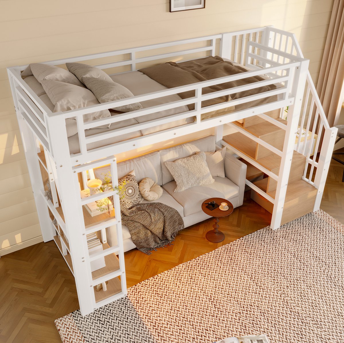 Hoogslaper, 90 x 200 cm, ijzeren frame, met opbergvakken, geïntegreerde trap, veiligheidsrails en ladder, led-lichtstrip, open opbergruimte onder het bed, matras niet inbegrepen, wit.