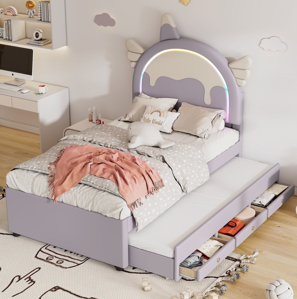Kinderbed van 90 x 200 cm met cartoonprint en eenhoornmotief, uitschuifbaar en opvouwbaar, gemaakt van PU-materiaal, paars.