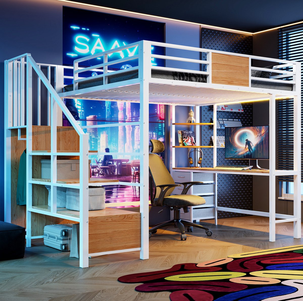 COVREO Hoogslaper 140x200 cm - met bureau, opbergruimte, kledingstang, LED en stopcontact, wit