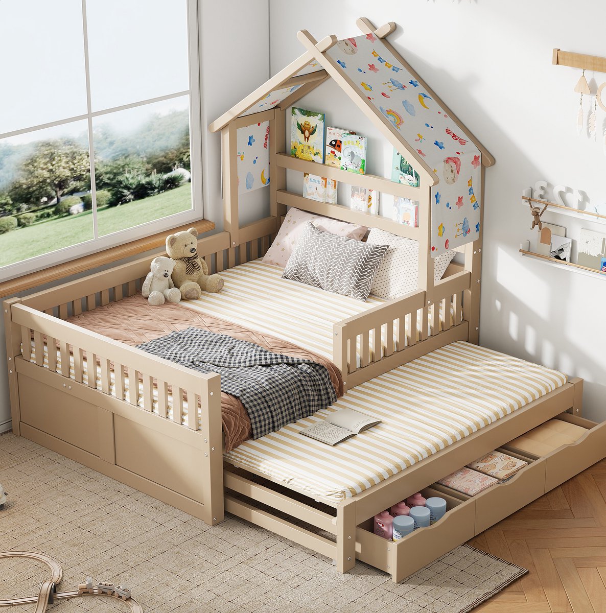COVREO Houten platformbed, huisvormig, 140 x 200 cm, met uitschuifbaar bedframe, 3 lades en veiligheidsrails, beige. Cream