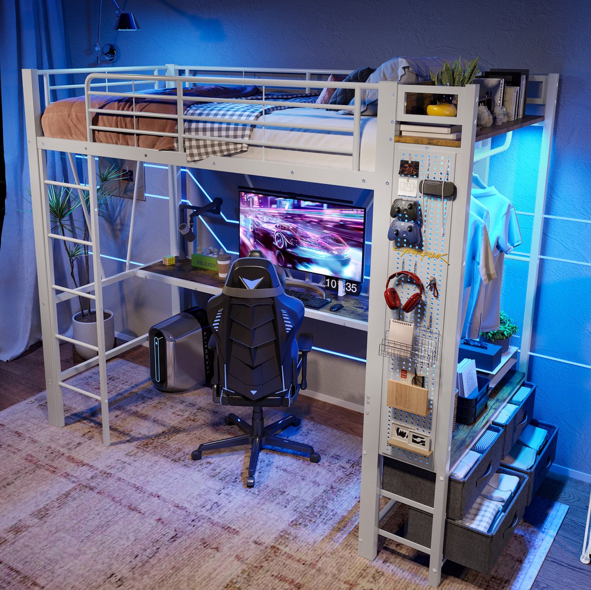 Hoogslaper, 90 x 200 cm, ijzeren frame, met bureau, kledingrek, planken, 4 lades, USB- en Type-C-aansluitingen, led-lichtstrip, veiligheidsrail, ladder, kledingrek, matras niet inbegrepen, wit.