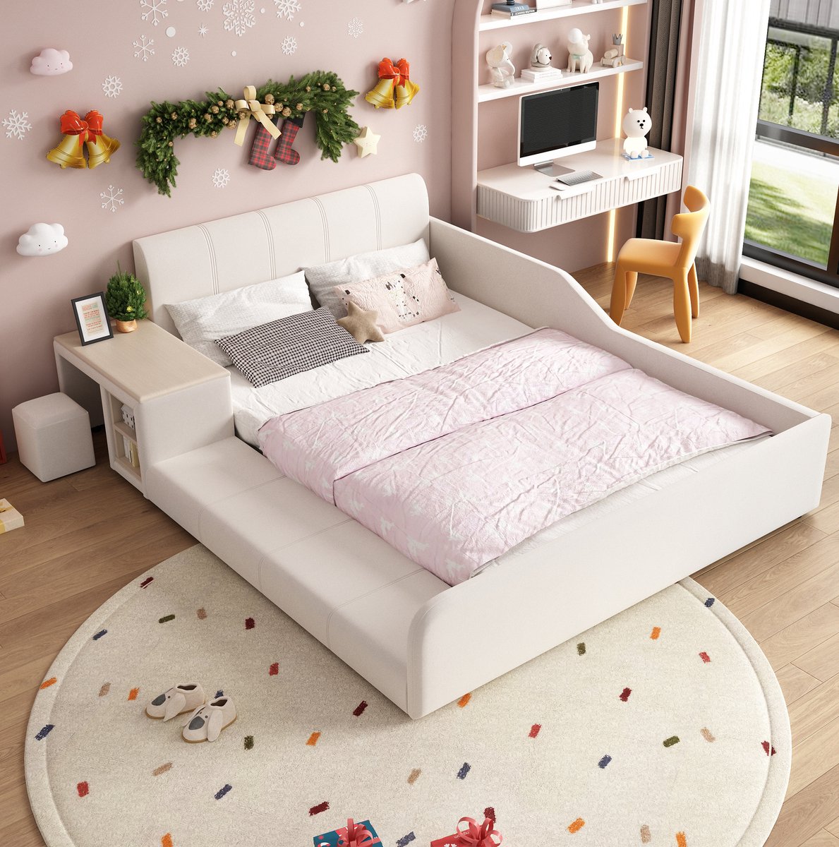 COVREO Kinderbed met bureau en hocker – 140x200 cm – Gestoffeerd bed met plank – Bedframe voor kinderkamer – Wit - zonder matras