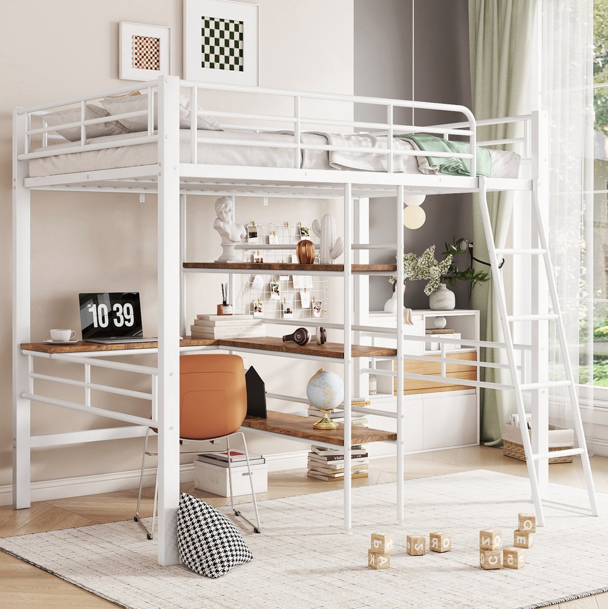 COVREO Hoogslaper 90x200 cm wit, met bureau en ladder, zonder matras
