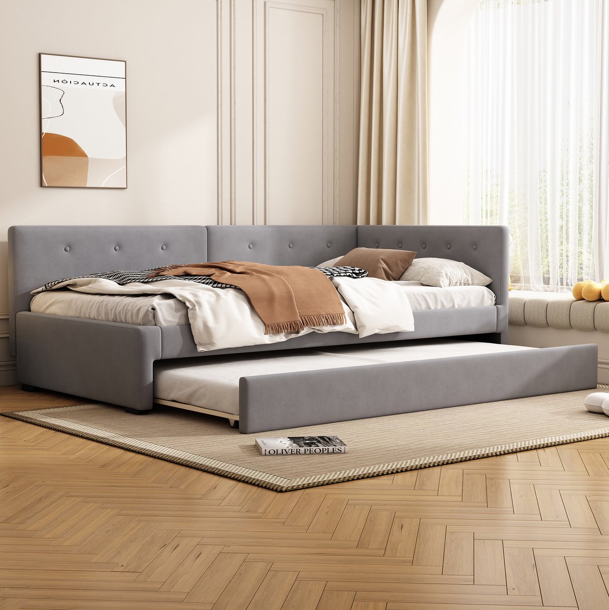 COVREO Bedbank 90x200 cm - grijs stof, rollbed, lattenbodem, zonder matras