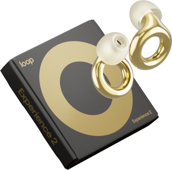 Gouden Loop Experience 2 oordopjes met beige oordopjes, naast een zwarte doos met gouden cirkel en tekst.