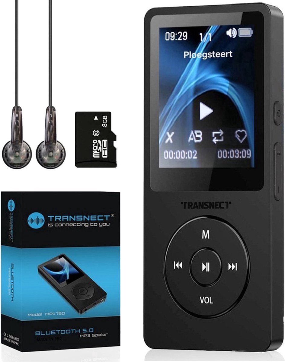 TRANSNECT® - MP3 Speler/MP4 - Bluetooth - met 8GB Geheugenkaart- Ondersteuning tot 128 GB - HiFi Oordopjes - Zwart