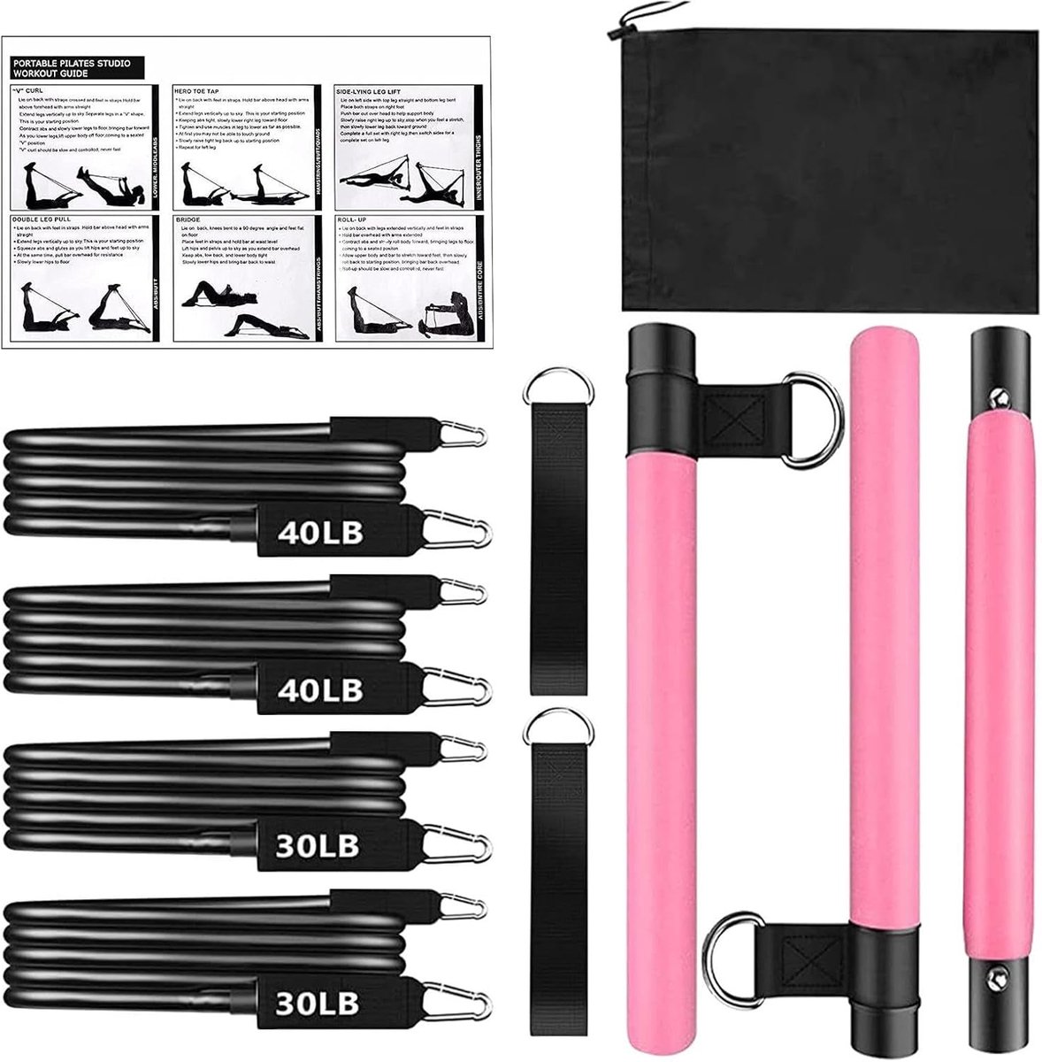 Pilates Set - Workout Apparatuur - Spierkracht Opbouwen - Multifunctioneel Verstelbaar - Compacte Opbergtas - Roze