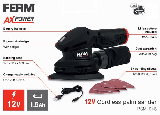Gedetailleerde weergave van de 12V accu palm schuurmachine van FERM. Met specificaties en accessoires.