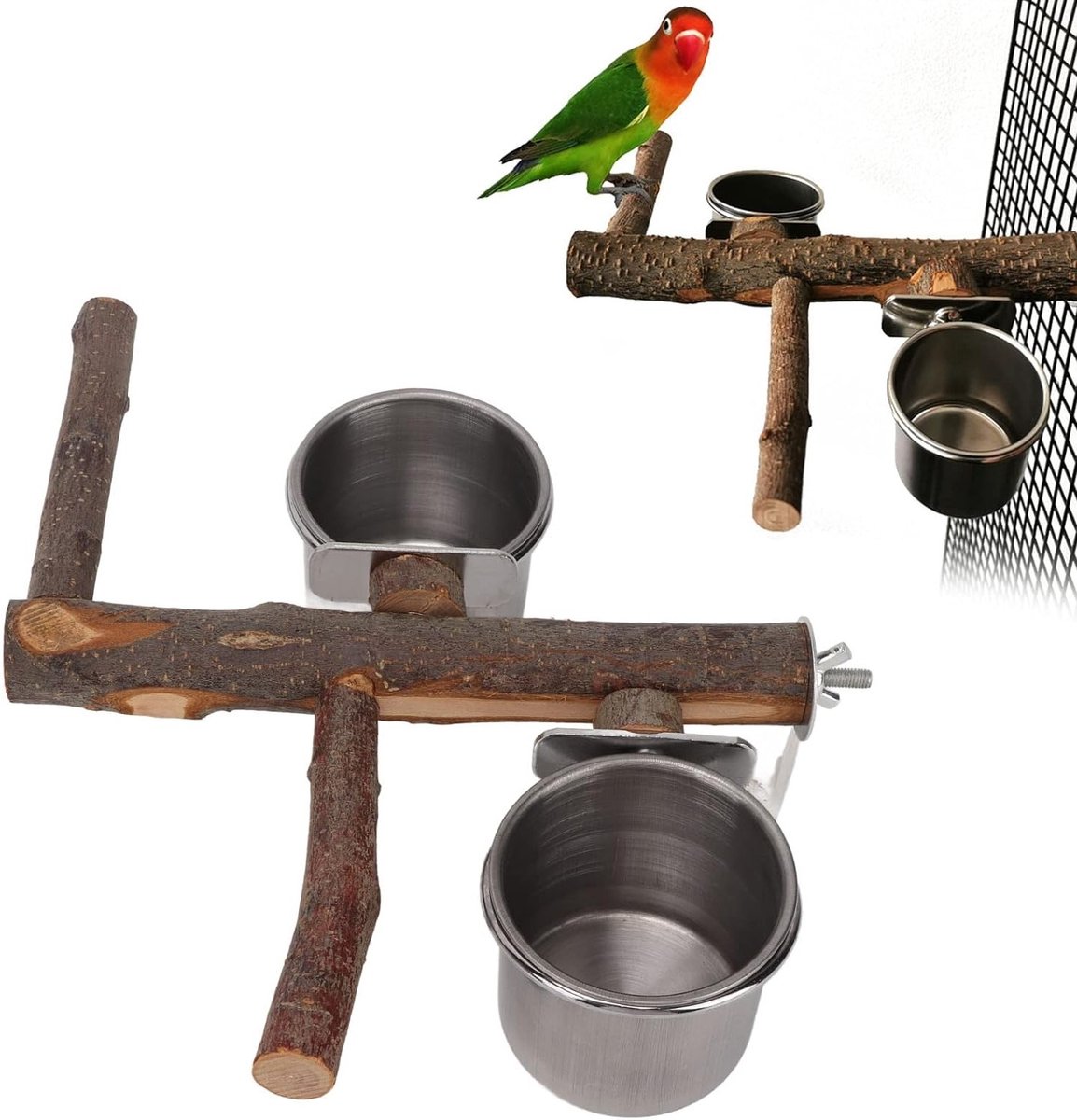 Voederhuisje voor Vogels 22cm met Houten Stand en RVS Bak, Ideaal voor Kleine en Middelgrote Papegaaien, Parkieten en Cockatiels