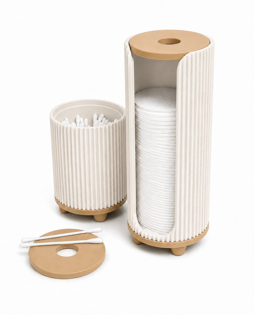 Wattenschijfjeshouder met Wattenstaafjeshouder – Badkamer Organizer Set – Geribbeld Design – Gebroken Wit/Beige