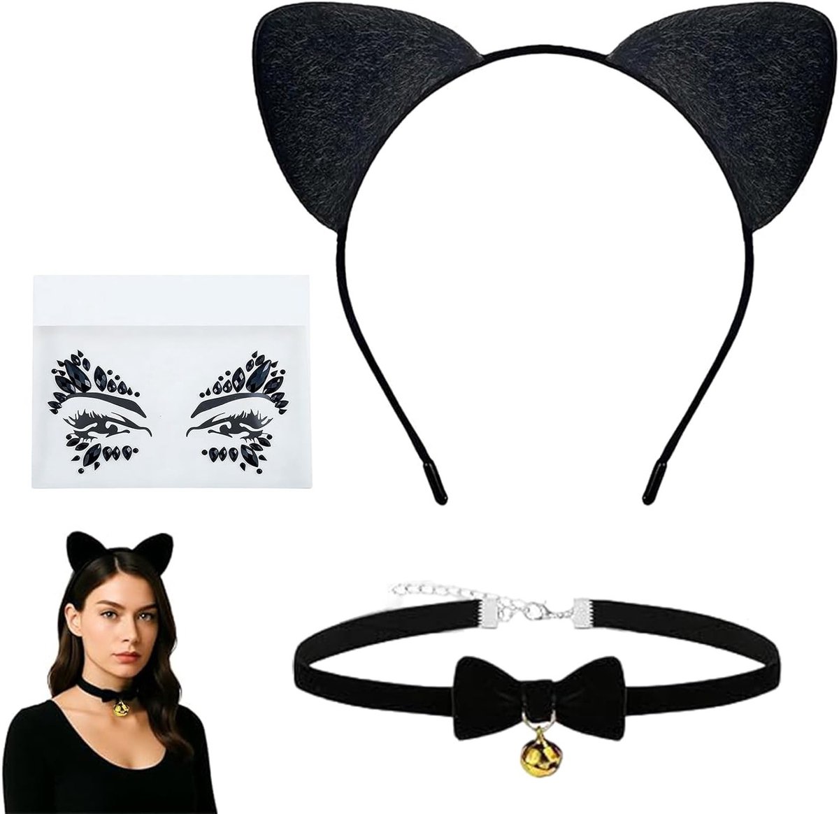 Zwart Kat Kostuum Accessoire Set voor Vrouwen en Meisjes met Oren, Gezichtsstickers en Strik Halsband voor Cosplay en Feestjes