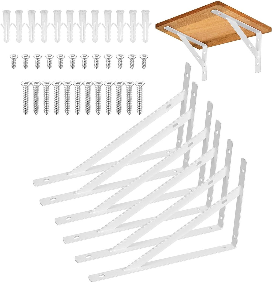 Set van 6 stevige hoekplanken, 90 graden metalen plankensteunen, wandmontage met schroeven, maximaal 30 kg draagvermogen, ideaal voor opbergruimte en interieurdecoratie, 150 x 95 mm, wit