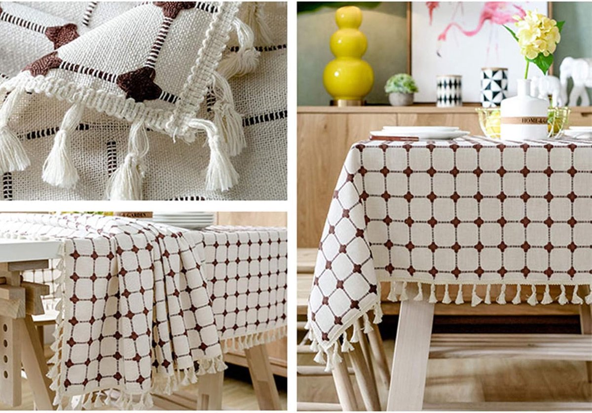 Tafelkleed met franjes - Plaid linnen - Eettafel decoratie - Katoen linnen mix - 52 x 52 inch - Bruin