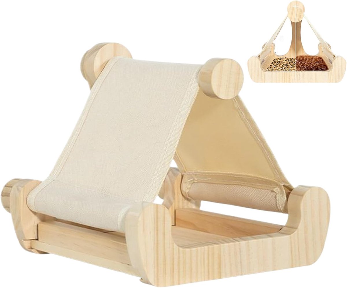 Vogelbed Hout - Vogelhuisje Rustbed - Vogels Ontspannen - Met Schommel Hangmat - 18.5 x 18 x 17 cm