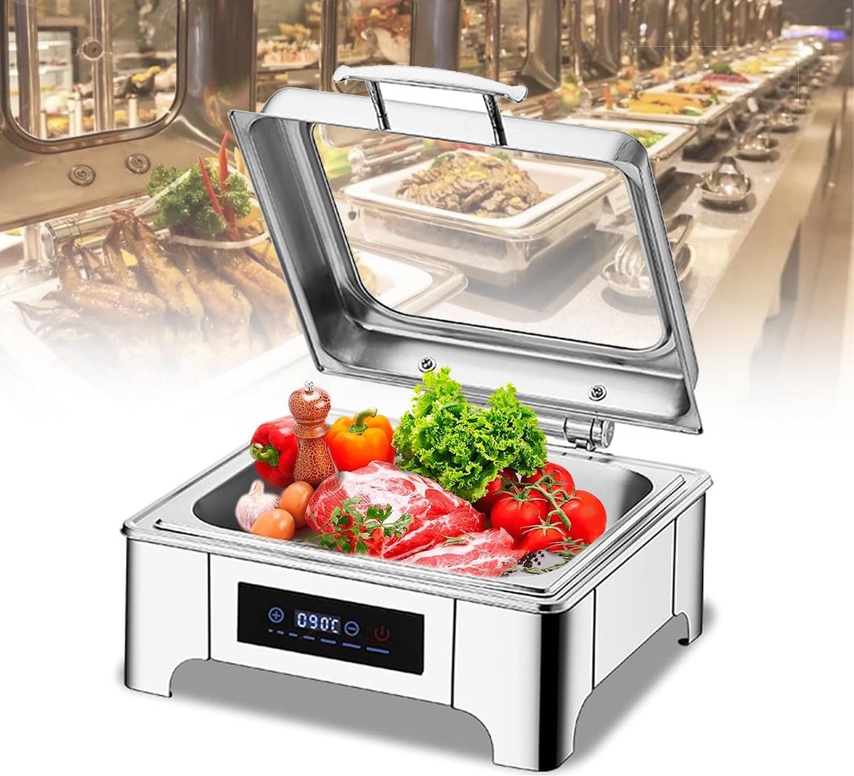 Elektrische Voedselwarmer - Buffetwarmer Warmhoudschaal - Feestjes Catering - Instelbare Temperatuur - 6 Liter - Zilver