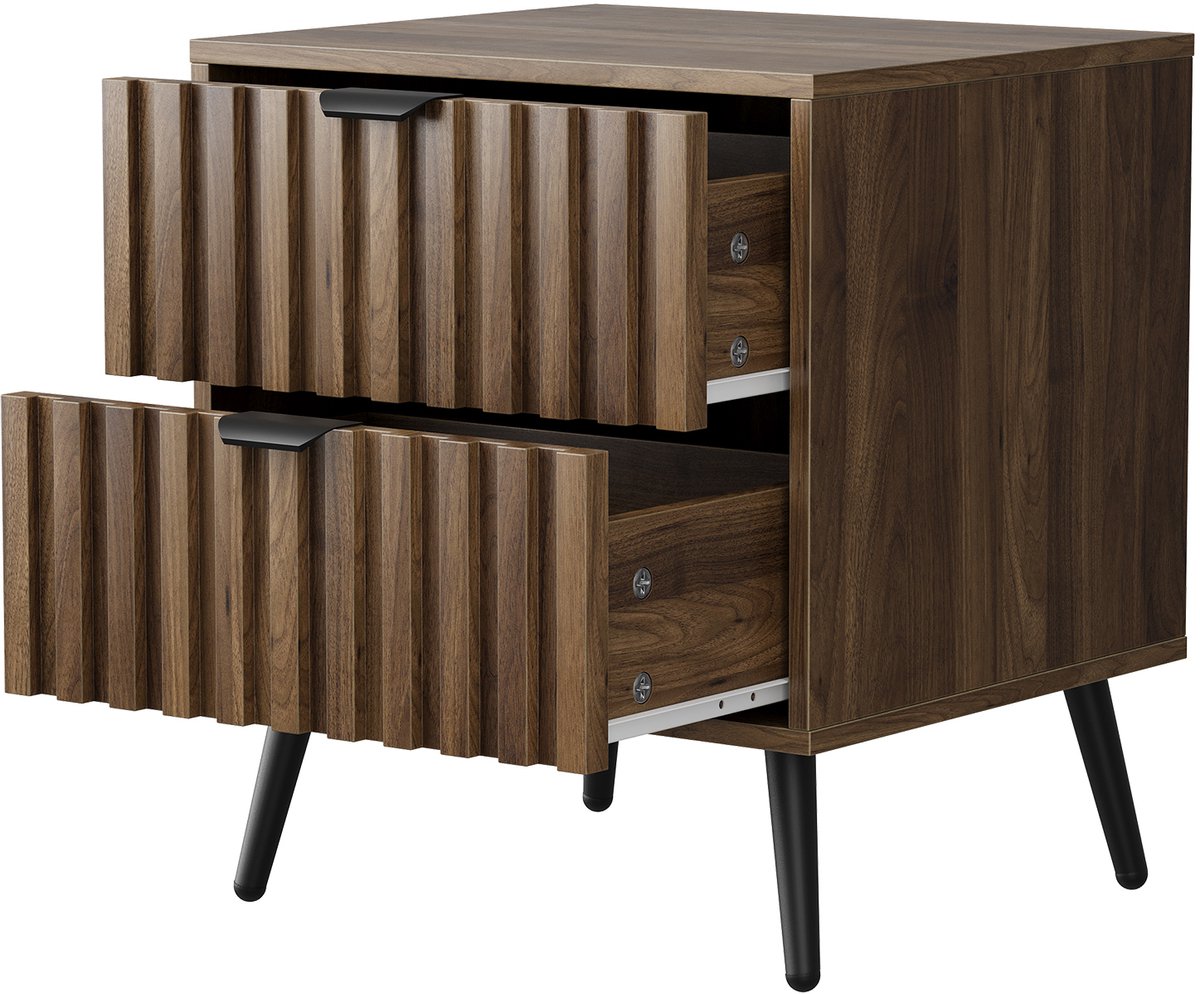REDOM - Nachtkastje - 2 laden - Ingelegd ontwerp met metalen poten - Anti-kantelvoorziening - Moderne stijl - Slaapkamer en woonkamer - MDF - Walnootkleur - 45 x 40 x 53 cm