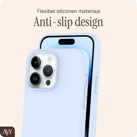 Lichtblauwe telefoonhoes op een iPhone 13 Pro, zijkant met knoppen.