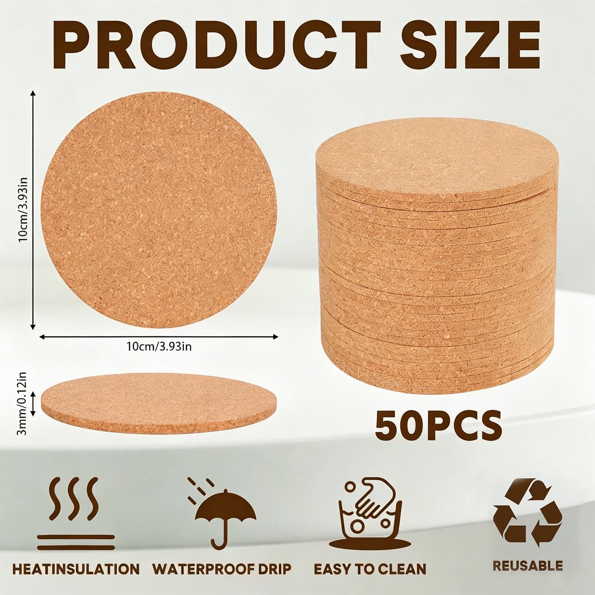 Bierviltjes-onderzetters kurk-Een set van 50 ronde kurken onderzetters - Kurken onderzetters - 10 cm in diameter, 3 mm dik - Geschikt voor thuis, bar, café en zakelijke locaties; herbruikbaar - 10x10 cm