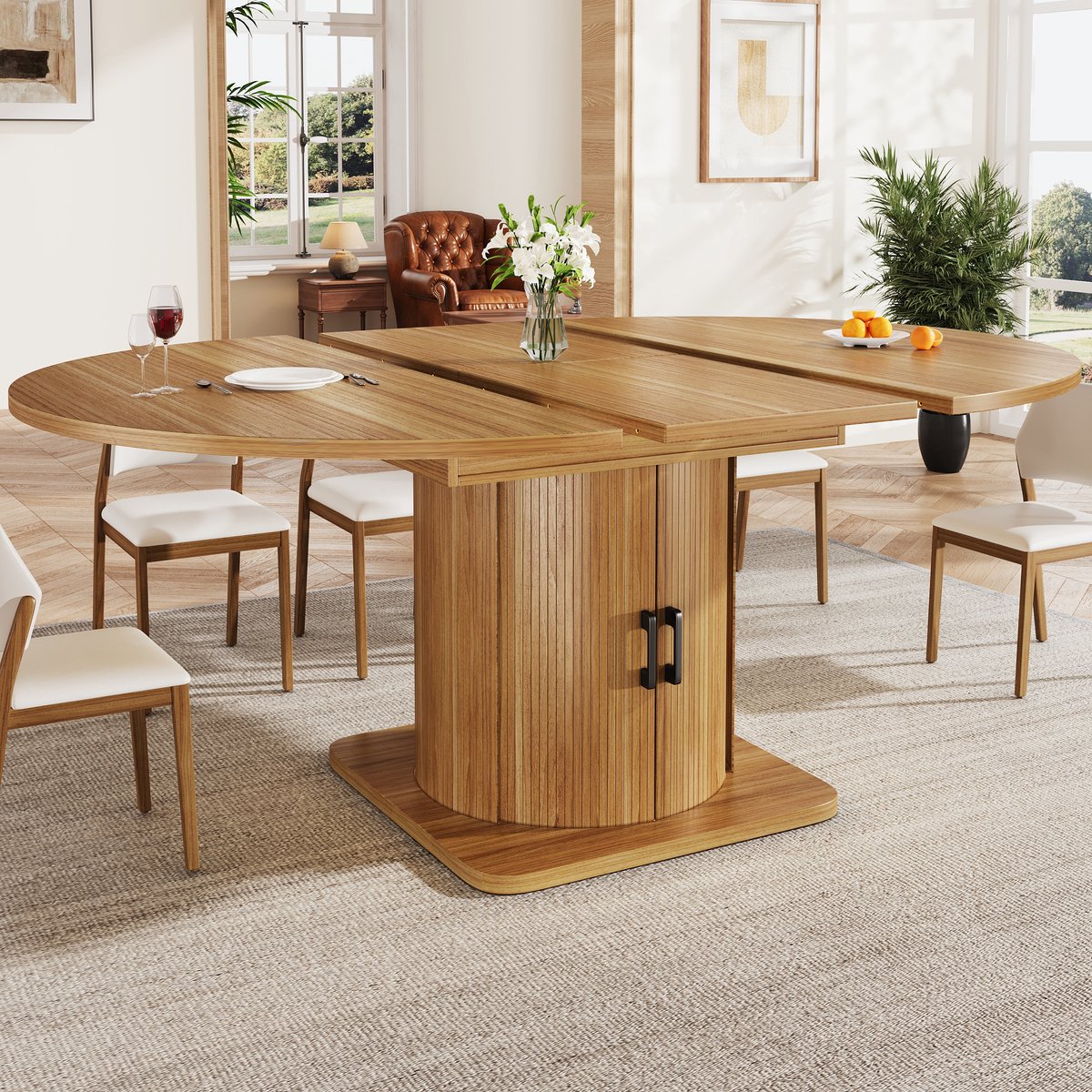 FloraGrace Eettafel - Uitschuifbaar Rond Naar Ovaal Met Opbergruimte - Voor Eetkamer En Werkkamer - MDF - 118-158x118x76 Cm - Zwartbruin Walnoot