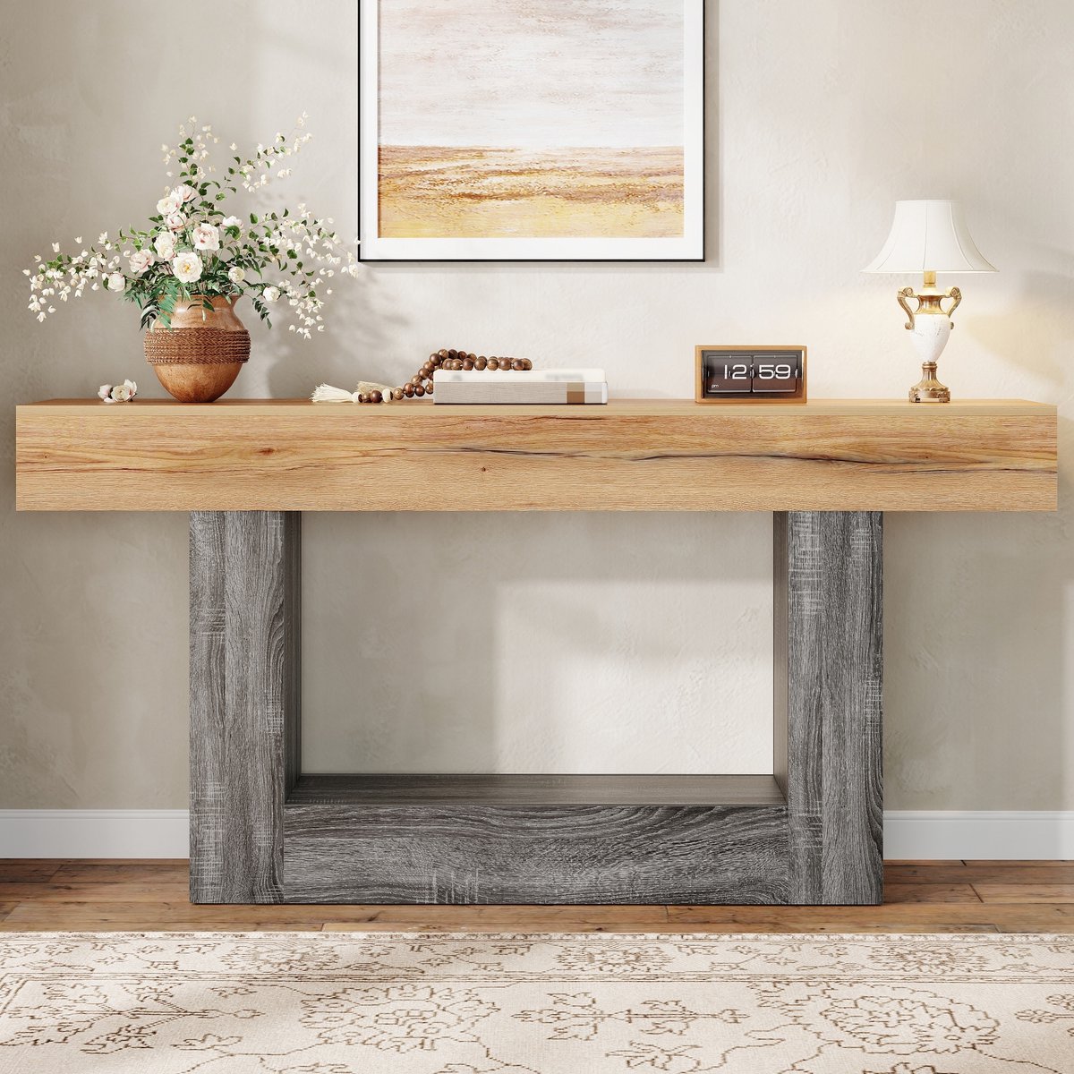 FloraGrace Consoletafel - Tweekleurig Houtlook Design Met Opbergvak - Voor Hal En Woonkamer - Spaanplaat - 160x30x82,5 Cm - Naturel Eiken