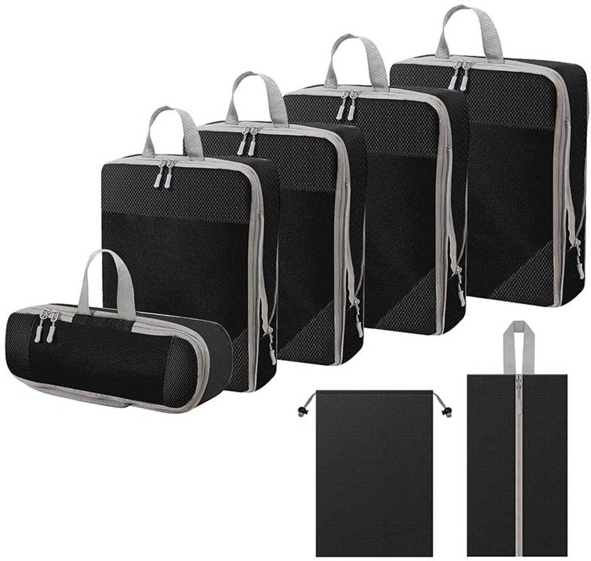 Bagage Opvangset - 7 Stuks Set - Waterdichte Reiskleding Opvangtas - Bagage Opvangtas - Schoenen Opvangtas - Zwart