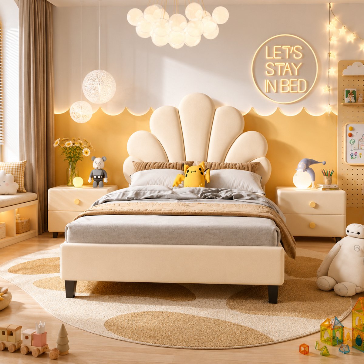 MEXUS Gestoffeerd bed, 90x200 cm, Kinderbed met hoofdbord met bloemenpatroon en lattenbodem, Eenpersoonsbed, meisjesbed, jongensbed, geschikt voor tienermeisjes en tieners, fluwelen stof, Beige