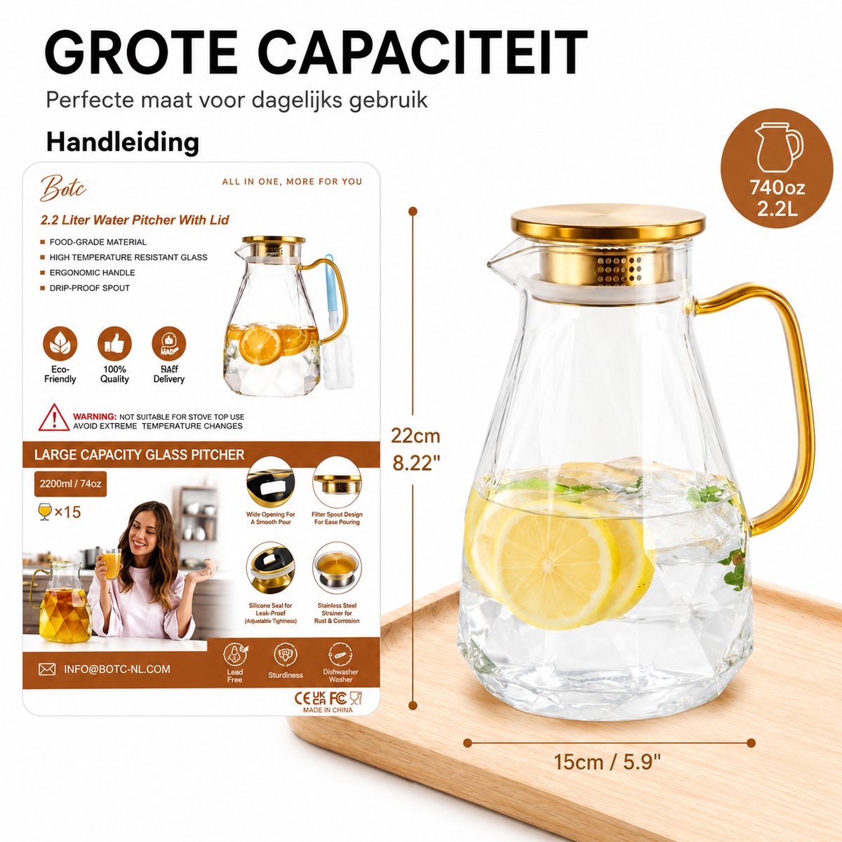 BOTC Karaf van glas - Waterkan met deksel - 2,2 L - Ijstheekan met borstel - Hittebestendige Borosilicaatkan — cadeau in Koken & Dineren - foto 8