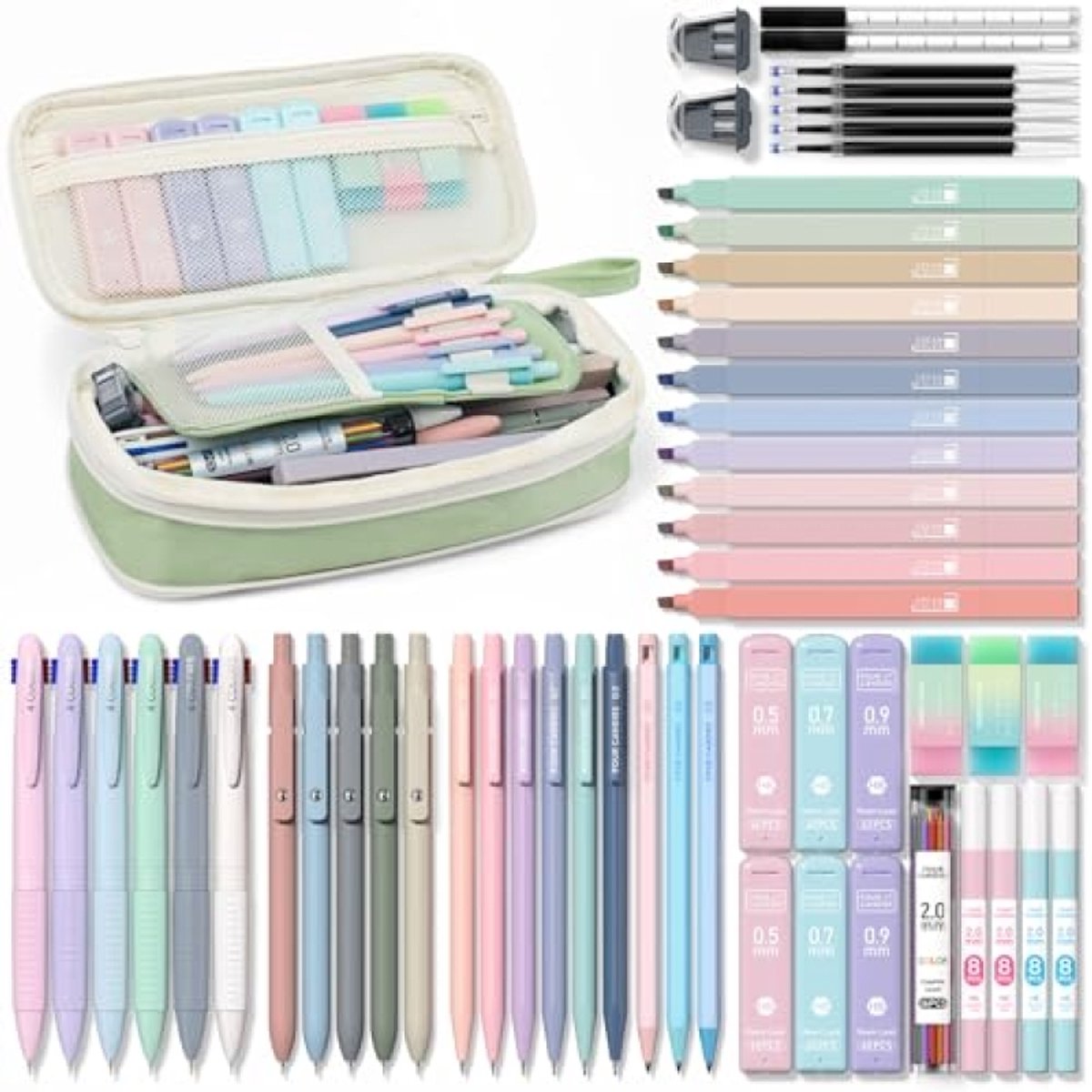 ModernStore 56-delige Esthetische Schoolbenodigdheden Set - Groene Etui met 6 Kleurrijke Balpennen, 12 Pastel Markeerstiften, 5 Gelpennen Zwarte Inkt, 9 Mechanische Potloden voor Studenten